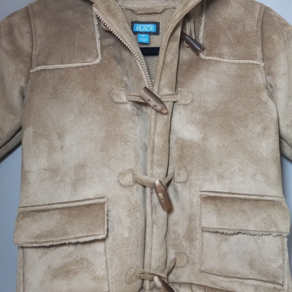 Sz 4 The Children's Place Brown Faux Fur Suede Girl Coat Jacket Hood
